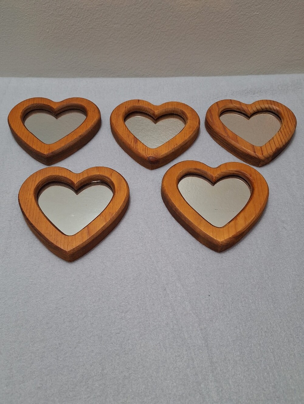5 Vintage 80s-90s Wooden Heart Shaped Wall Hanging Mirrors Cottagecore Rustic